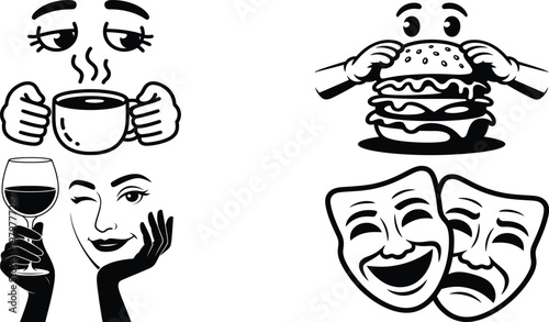 Black and white of cartoon faces and hands