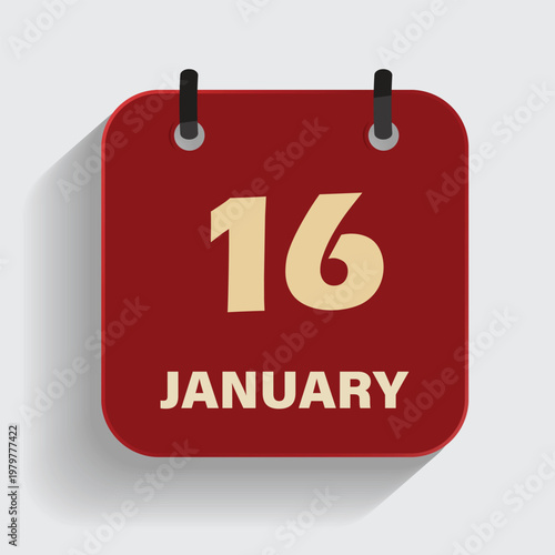 calendar icon showing sixteenth of january on red background for winter schedule and event planning