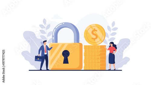 Professional business couple stands next to a giant golden padlock and stacks of coins to represent financial security and asset protection.