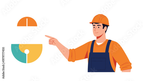 Professional technician in a hard hat and blue overalls points towards a colorful infographic icon to explain technical details or work steps.