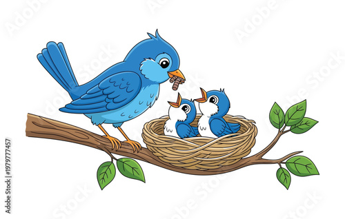 A vibrant bluebird family mother feeding nestlings in a woven nest amidst lush green foliage a charming scene