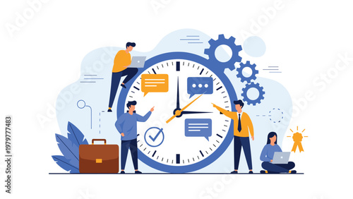 Productive office workers collaborate around a giant wall clock and gears to demonstrate effective time management and meeting project deadlines.