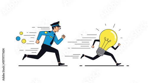 Determined police officer in a blue uniform chases a running lightbulb character to represent the protection of intellectual property and law.