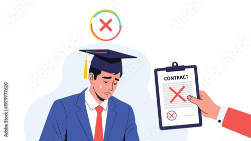 Distressed young graduate in a suit and mortarboard looks sadly at a job contract marked with a red cross signifying a rejected application.