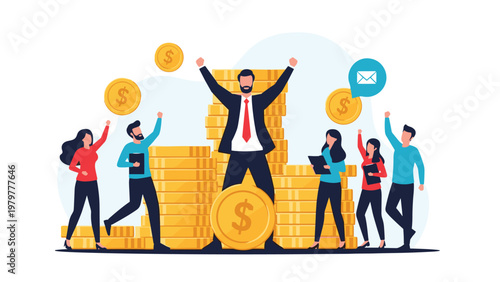 Enthusiastic business team celebrates on top of giant stacks of golden coins to represent corporate wealth, high profits, and financial growth.
