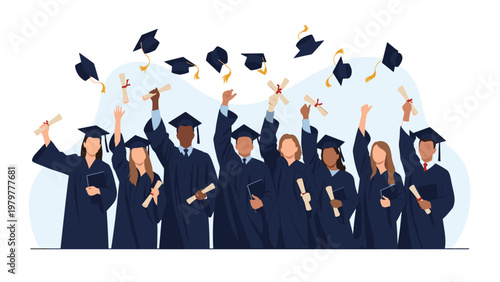 Group of diverse multiethnic graduates in blue gowns and mortarboards throw their caps into the air and hold diplomas to celebrate graduation.