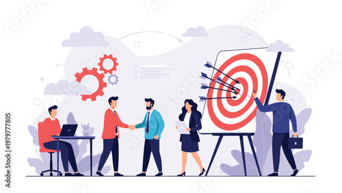 Diverse team of business professionals works together near a giant archery target with many arrows to represent goal setting and sales success.
