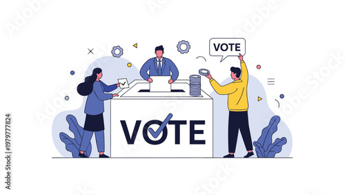 Group of voters participates in the democratic process by placing their ballots into a large white box labeled vote for an important election.