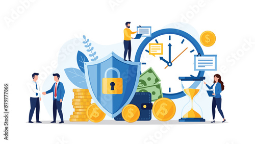 Professional business team stands around a large security shield with a lock, money, and clocks to represent comprehensive asset protection plans.