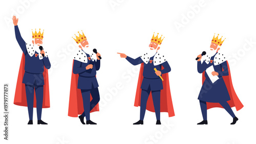 Elderly king character in a blue royal outfit and crown performing various actions including singing and reading a document.