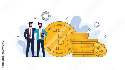 Two professional businessmen in suits standing together in front of a giant bitcoin symbol and piles of golden dollar coins.