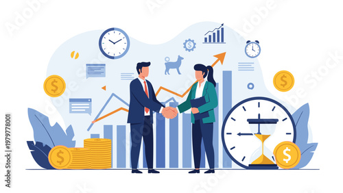 Business partners shaking hands in front of a background filled with financial charts, golden coins, and various time symbols.