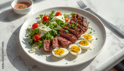 A delicious steak salad with eggs and tomatoes on a white plate