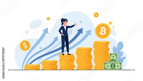 Happy businesswoman standing on a growing stack of gold coins giving a double thumbs up next to a large bitcoin symbol.