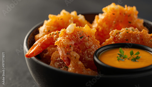 A plate of crispy fried shrimp with a side of tangy dipping sauce