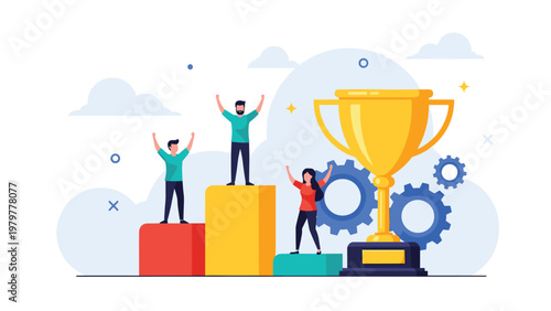 Three happy people celebrating their achievement on a colorful podium next to a very large golden trophy cup with gears.