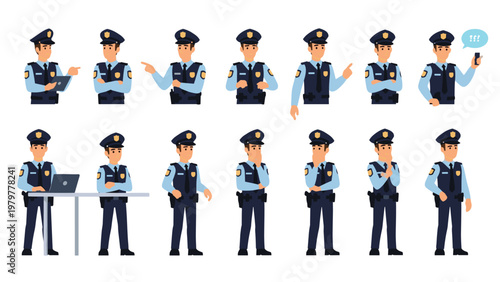 Professional police officer character set with various poses including pointing, saluting, and using a laptop for duty tasks.