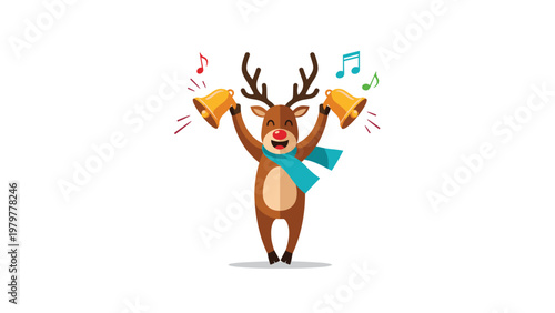 Happy reindeer character with a red nose and a blue winter scarf ringing two golden bells while musical notes float around.