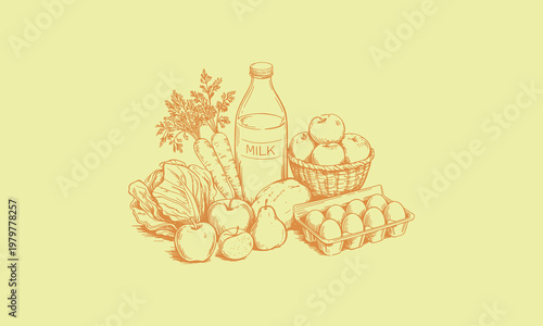 Sketch of fresh food items and dairy products with illustration, vegetables