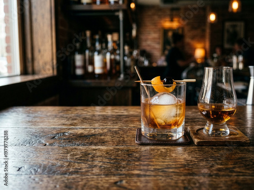 Classic Old Fashioned Cocktail and Whiskey Glass on Rustic Wooden Bar