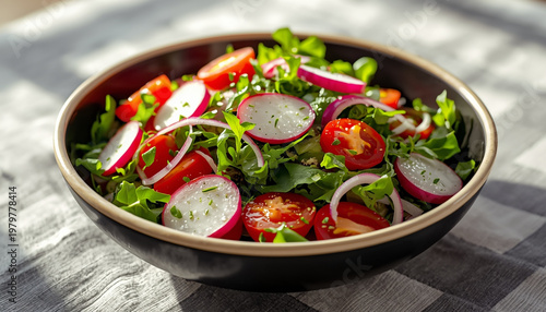 A healthy salad with fresh vegetables in a black bowl on a table