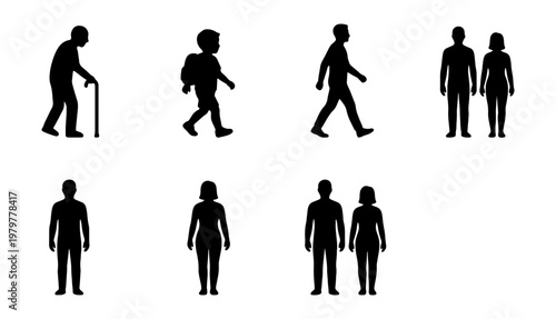 Black people silhouettes set, human figures collection, diverse age group vector icons