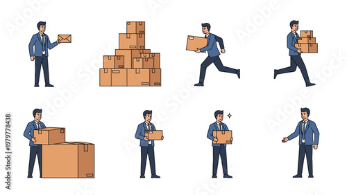 Male office clerk character sheet demonstrating various stages of moving boxes and delivering letters in a professional suit.
