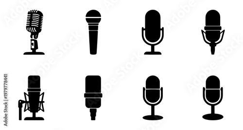 Professional microphone icons set, 8 podcast mic vector silhouettes, audio equipment