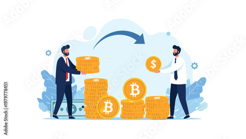 Two businessmen in formal attire transferring and stacking various gold coins including dollar and bitcoin digital currency.
