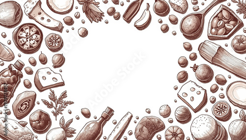 A beautifully illustrated border of various food items and wine on a white background