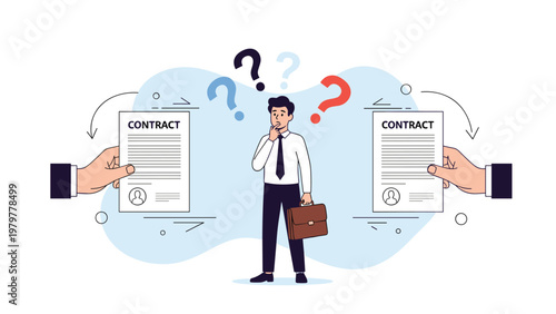 Puzzled businessman in a suit standing between two different contracts and wondering which one to sign with question marks.