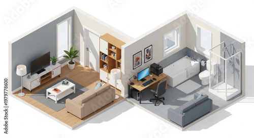 Modern Apartment Interior Design Isometric View.