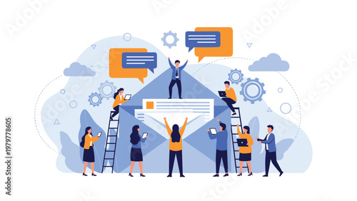 Diverse team of office workers using ladders and mobile devices to manage a giant mail envelope representing communication.