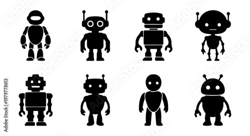 Minimalist robot icon set, 8 black silhouette android vectors, futuristic bot characters