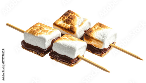 Four toasted marshmallow treats on graham crackers with chocolate, skewered on wooden sticks. They are perfect for a camping dessert or a sweet treat