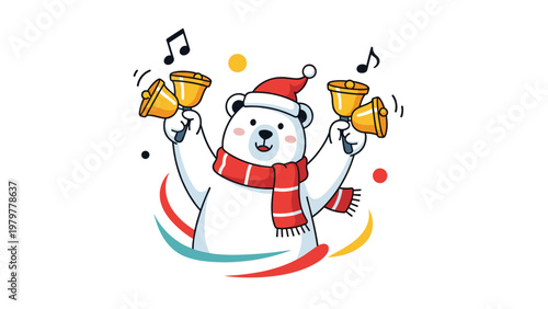 Jolly polar bear character wearing a Santa hat and a red scarf ringing two golden bells to celebrate the holiday season.