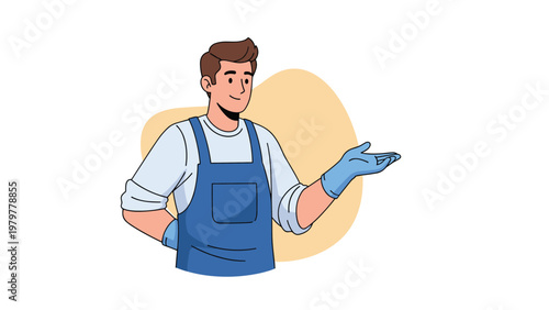 Friendly professional male worker wearing blue apron and rubber gloves gesturing towards copy space while standing.