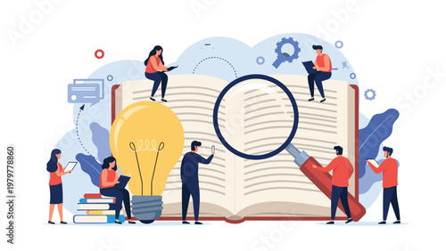 Group of students and researchers working around a giant open book with a lightbulb and magnifying glass for discovery.