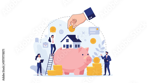 Financial experts helping to save money in a giant piggy bank with a house on top to symbolize home ownership and savings.