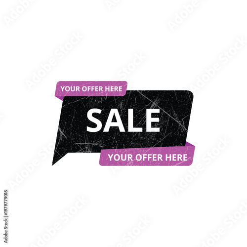 Black and purple grunge sale banner template with origami speech bubble design.