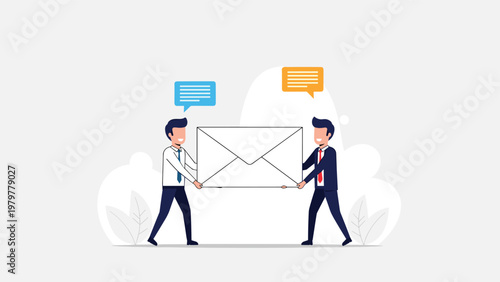 Two businessmen carrying a large mail envelope representing corporate communication and email delivery services concept.