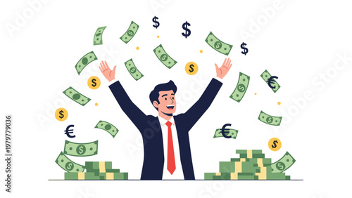 Successful businessman standing with arms raised while paper money and coins rain down on him in celebration of wealth.