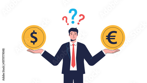 Confused businessman holding a large Dollar coin and a Euro coin while question marks appear above his head in thought.