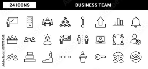Minimalist business team and collaboration line icons for corporate networking and leadership.