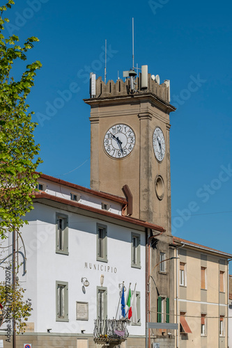 The town hall and clock tower of Collesalvetti, Livorno, Italy 