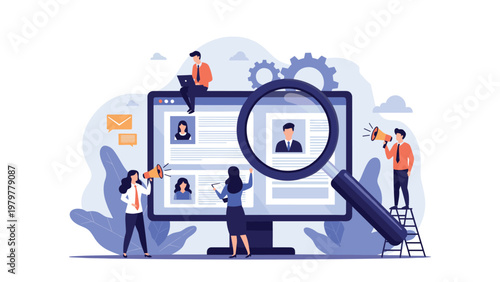 Human resources recruitment concept with people reviewing candidate profiles on a large monitor using a magnifying glass.