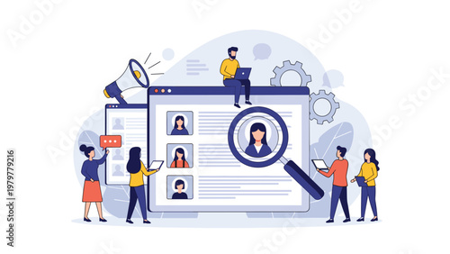 Recruitment and hiring process concept with team members reviewing candidate profiles on a large digital screen interface.