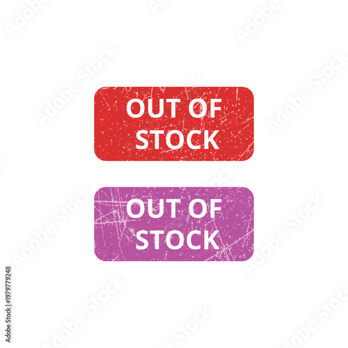 Two textured red and purple out of stock stamps vector set with grunge effect.
