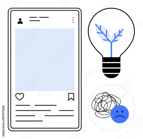 Social media engagement, eco-innovation, mental health awareness, creativity, emotional expression, digital communication. A social post layout, lightbulb with plant, and sad face in a tangled line