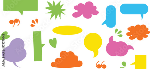 Colorful abstract shapes and speech bubbles with leaves and insects on white background